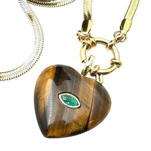Tiger Eye Green Aperture Heart Evil Eye Pendant Necklace 18K Gold Plated 19 Inch